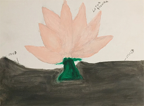 A pink lotus flower with a dark green stem coming out of the mud