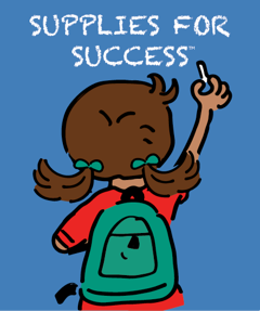 A girl in pigtails with a red shirt and green backpack writes Supplies for Success on a blue wall